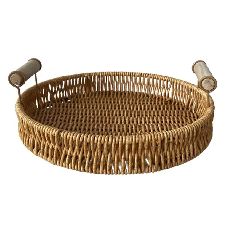 Rattan Tray Hand Woven Food Basket Fruit Tray Multi-Function Afternoon Tea Snack Plate Decorative Basket Storage Tray