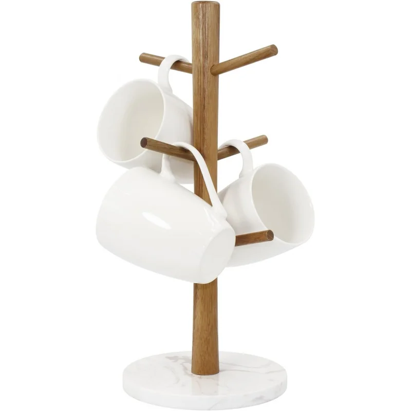 Wood Mug Holder, Marble Base Cup Rack Tree, Stand Hanger, Kitchen Coffee  Countertop Tea  , Dryer