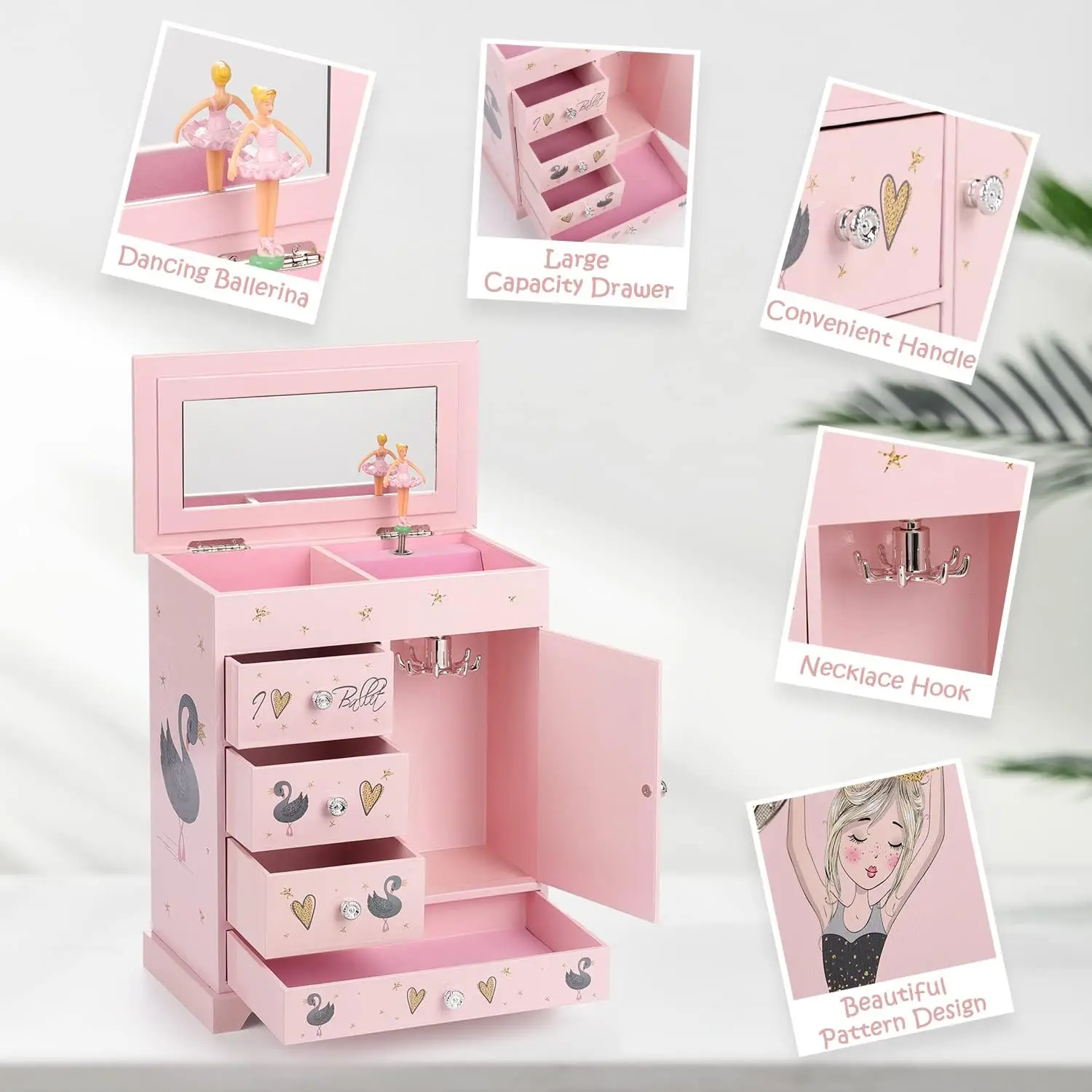 Large Jewelry Box for Girls 5 Layer Musical Box with Swing Door Spinning Ballerina, Unicorn Jewelry Set Included Jewelry Box