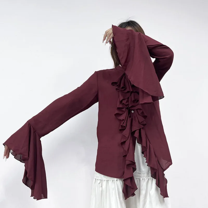 

Elegant Women Chiffon Shirt Fashion O-Neck Ruffled Trumpet Sleeve Long Sleeve Single-Breasted Loose Casual Top Autumn Outerwear