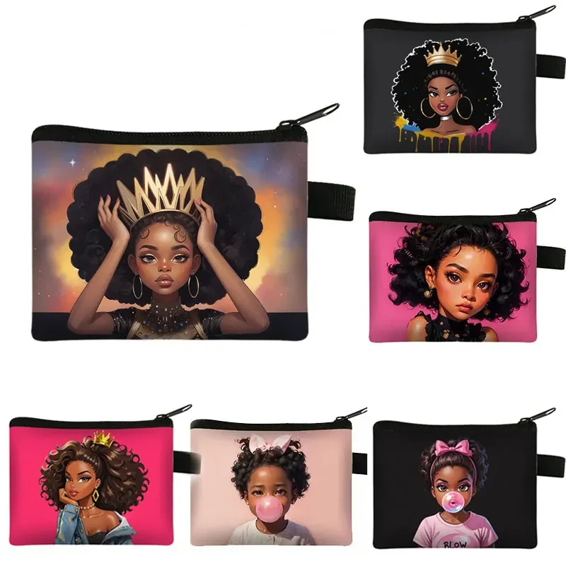 African Cartoon Girls Pattern Coin Purse Women Wallets Napkin Earphones Credit Card Money Bag Ladies Purses Cute Coin Pouch Bags