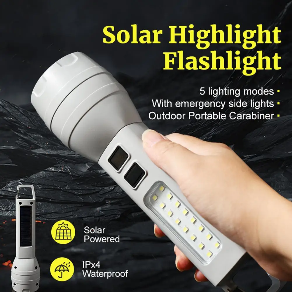 Solar Flashlight TpyeC Rechargeable Portable Small Flashlight 1200mAh Usb Rechargeable Outdoor Multifunctional Emergency Light