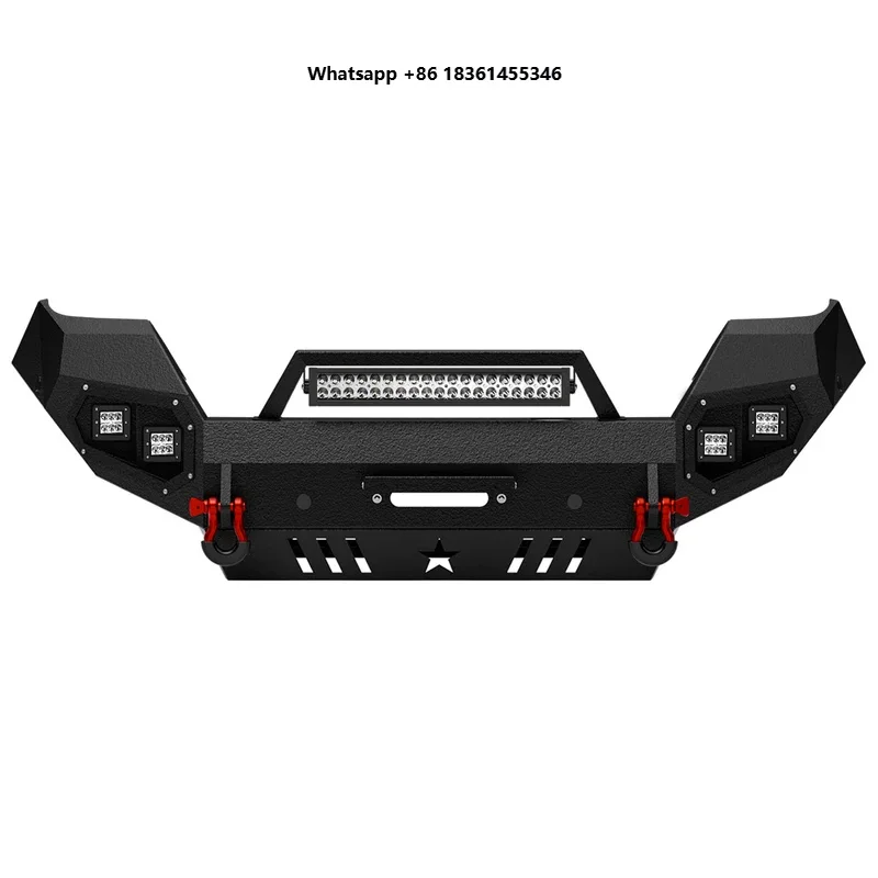 Front Bumper with Winch Plate, Skid Plate, Sensor Holes, License Plate Bracket & D-rings, Offroad Vehicle Exterior Accessories