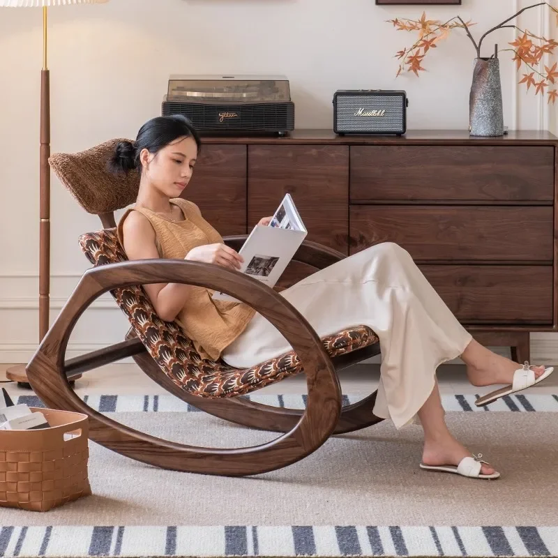 كرسي هزاز فردي فاخر من الخشب الصلب بتصميم عتيق على الطراز القديم لغرفة المعيشة وشرفة من القماش أريكة خلفية كسولة متوسطة الطراز القديم #3