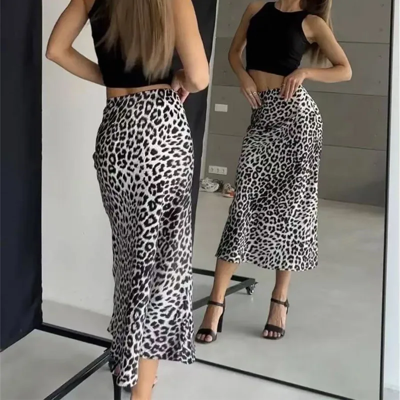 Sexy Leopard Print Satin f Skirt High Waist Elastic Smooth Long Skirt Cross-Border 3 Colors Women's Summer Loose Fit Skirt