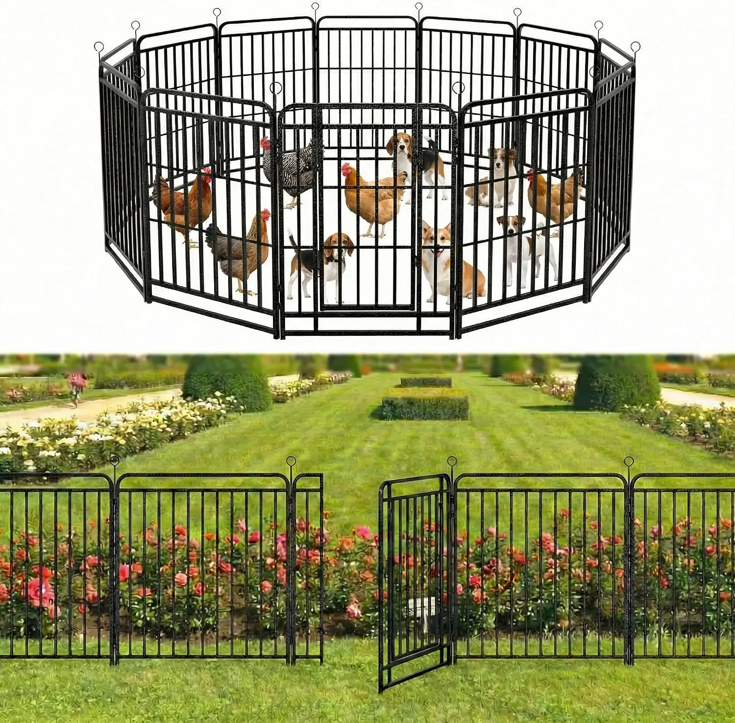 12 Panels No Dig Outdoor Garden Fence with Gate for Yard, 47 in X 27 ft | Rustproof Metal Coating-Strengthened Dog Fence