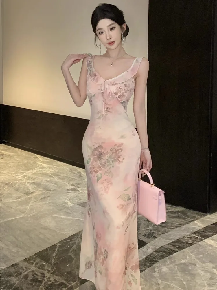 Ezgaga mulher vestido floral impresso babados retalhos fino slash neck vintage elegante verão moda temperamento vestidos de festa