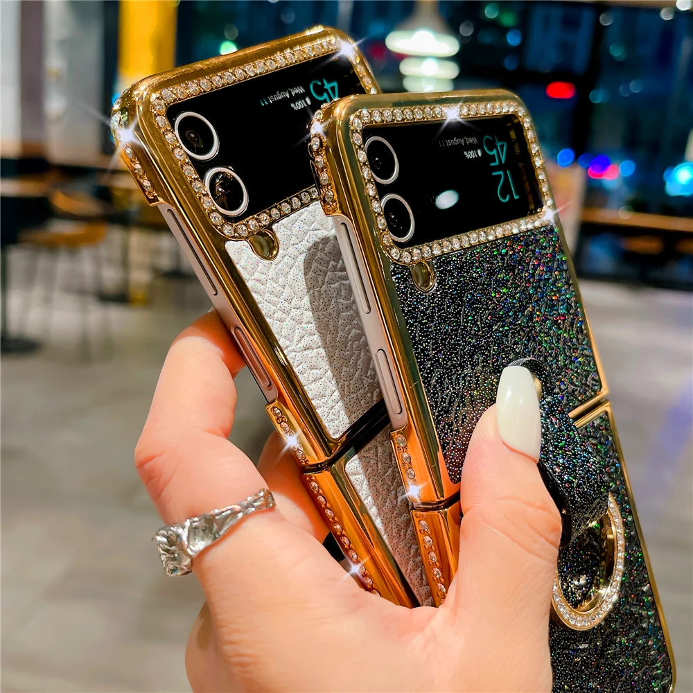 Luxury Glitter Gold Ring Cover Diamond Case For Samsung Galaxy Z Flip 6 Flip 4 Leather Case For Samsung Galaxy Z Flip 5 Z Flip 3