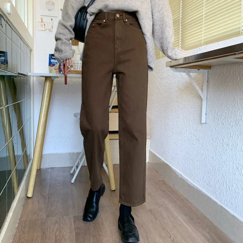 

2024 autumn New Brown Straight Denim Vintage Slender Office Lady Jeans Women Trousers High Waist Large Size Pants Female KZ703
