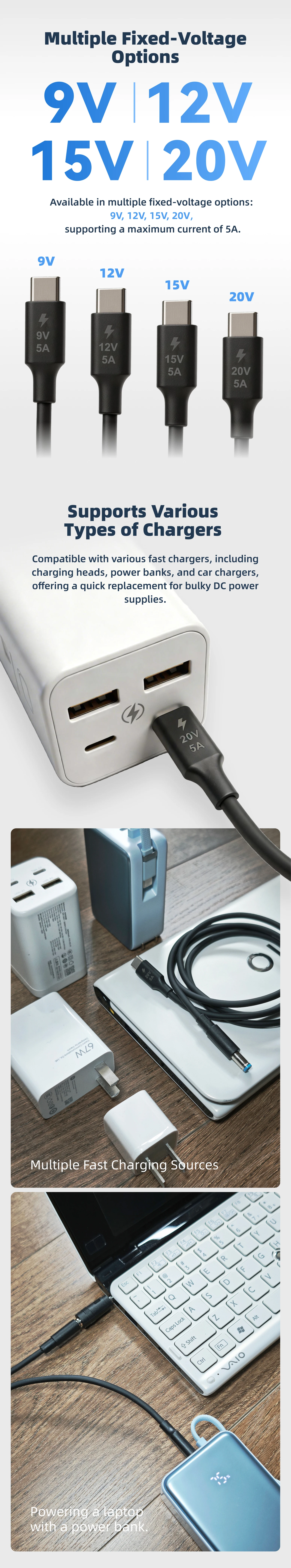 9-20V 5A 100W PD-Triggerkabel, Schnellladekabel mit Festspannung, Typ-C zu DC Stromkabel, Geeignet für Laptops / Router – Detail 2