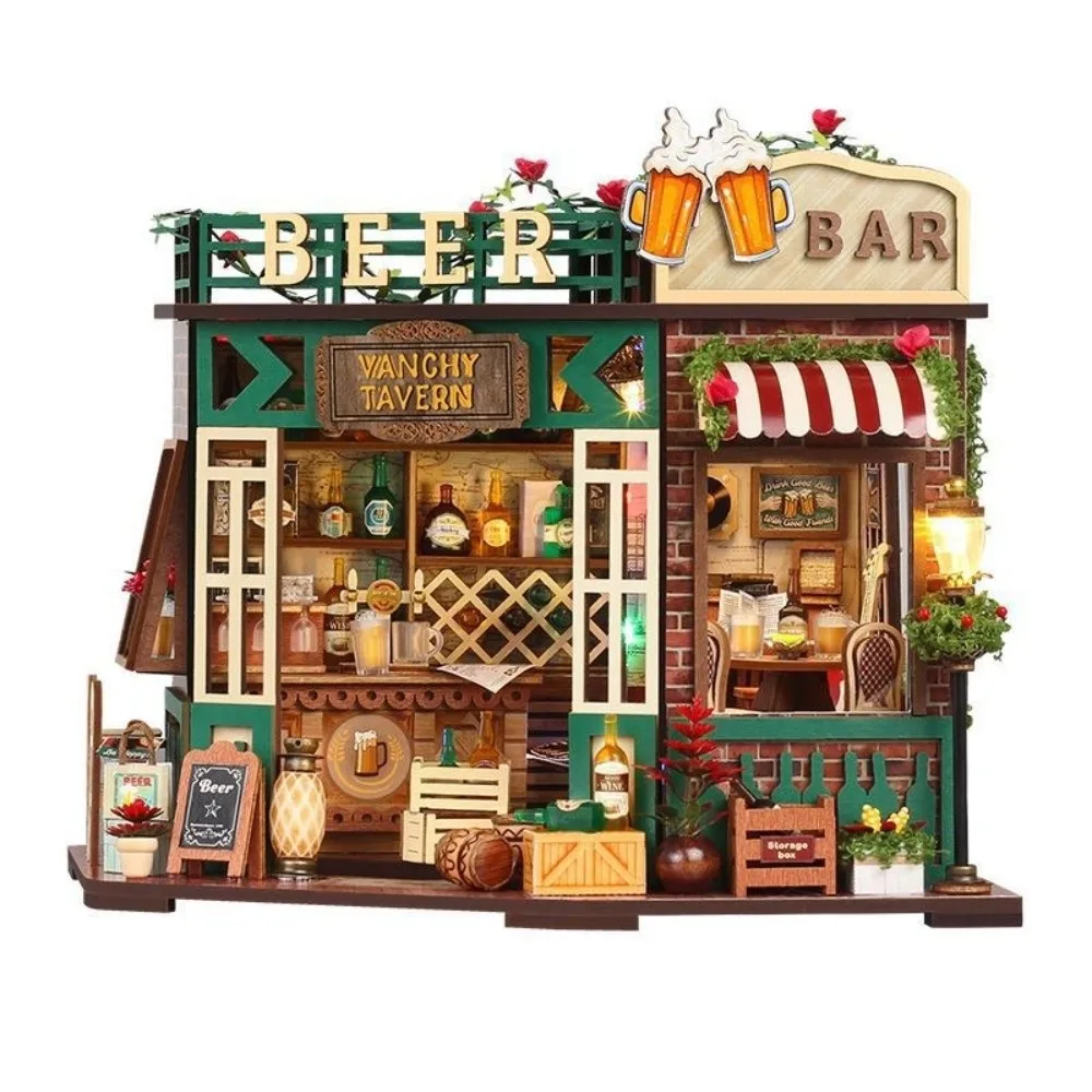 DIY Beer Bar 3D Desktop Decoration Assembly Required With Furniture Miniature Dollhouse Kit Wooden 3D Bookend Model