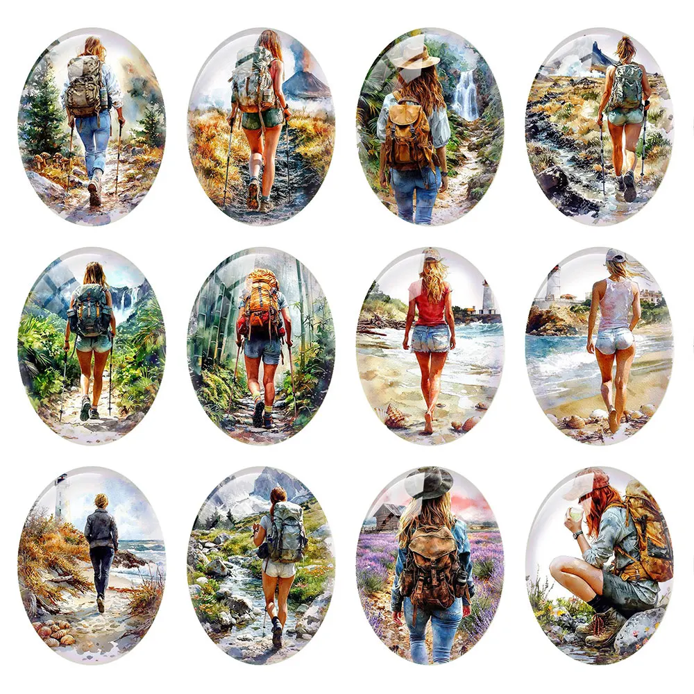 Random Mixed Round/Oval/Square Hiking Lady Back View Wilderness Photo Glass Cabochon Flatback Demo Cameo For Diy Jewelry Making