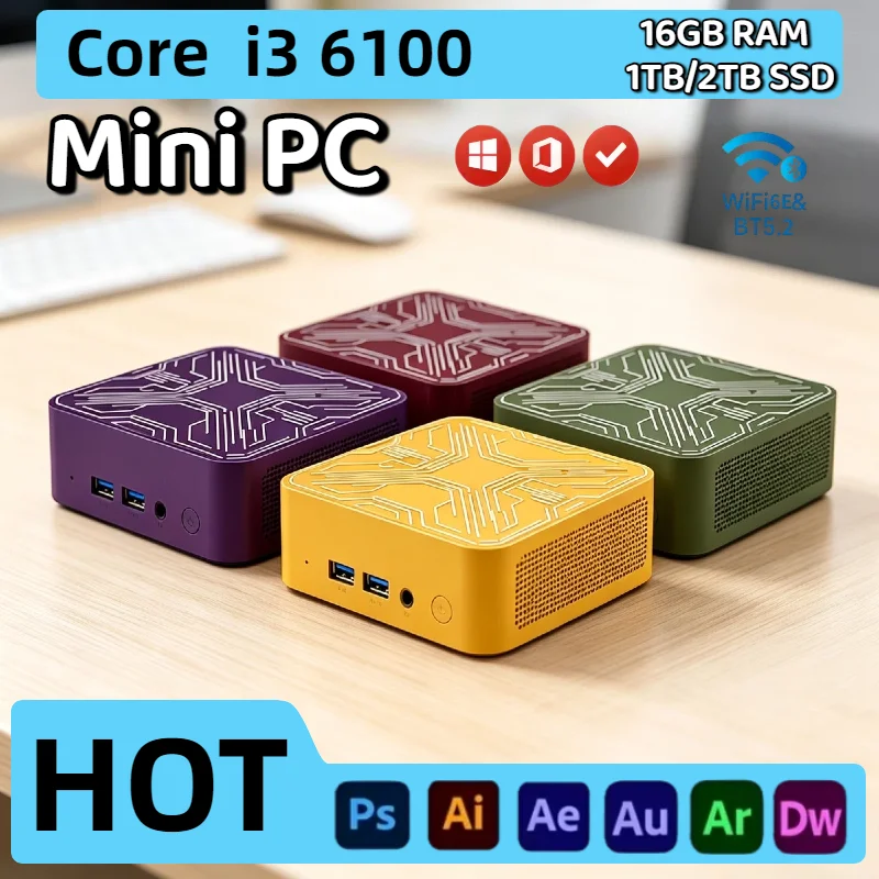 Intel i3 6100 Mini Desktop PC 16GB DDR4 2TB NVMe SSD Triple 4K WiFi6 BT5.2 High Performance Home Office Pro Ultra