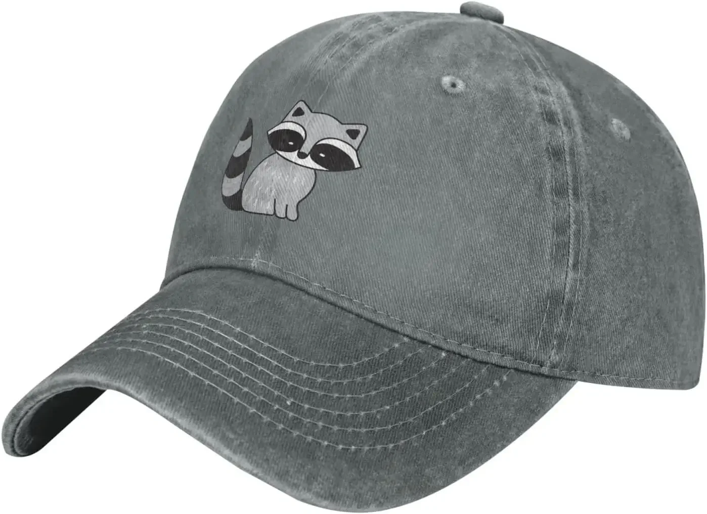 Cartoon Gray Racoon Sit Distressed Adjustable Washed Denim Mens Dad Trucker Hat All Seasons Travel Baseball Ball Cap For Men