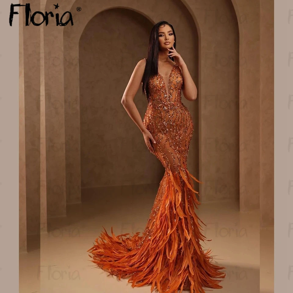 Floria Luxury Long Sleeve Feather Prom Dresses Aso Ebi Two Styles Orange Mermaid Elegant Formal Formal Occasion Dresses فستان حف