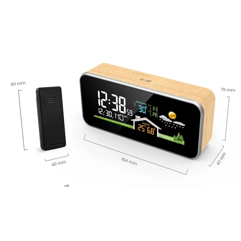 Wireless Weather Station Wooden Alarm Clock Home Desk Watch Digital Thermometer Humidity Temperature Wireless Sensor-Y47A
