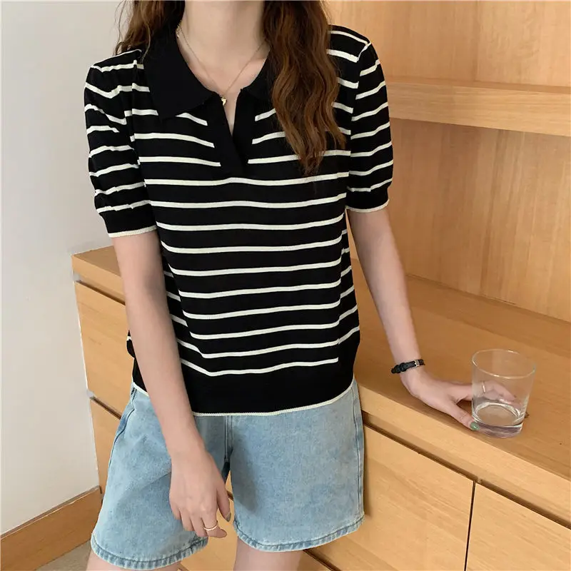 Summer New Ice Silk Striped Knitting Tops Polo Neck Short Sleeve Loose All-match Pullovers Vintage Fashion Women Clothing