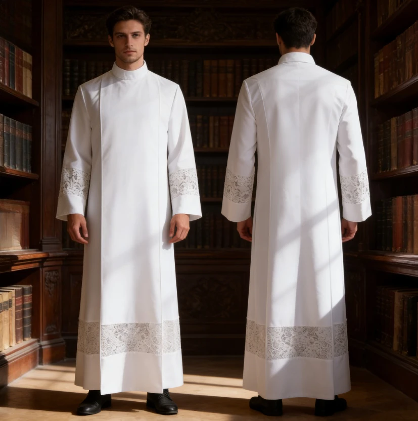 White Hollow Priest Robe Medieval Lace Pleated Cosplay Costume Middle East Floral Long Dress Party Outfit