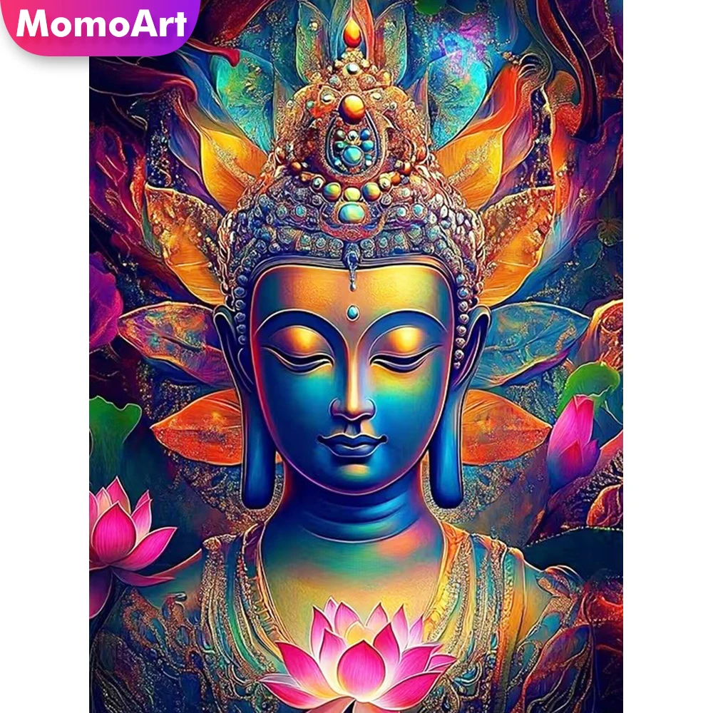 Momoart Broderie Diamant 5D DIY, Peinture Portrait Bouddha, Image Religieuse, Mosaïque de Strass, Fleur Faite à la Main, Cadeau
