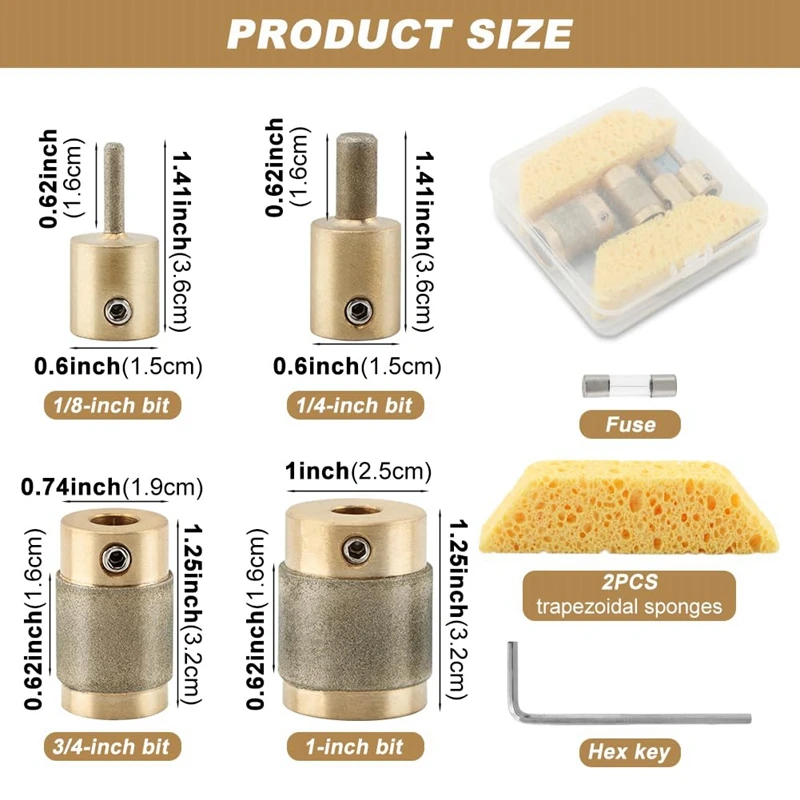 DT19 Diamond Grinding Bit Heads Set 4 Sizes Stained Glass for Grinder Bits Brass Core for Glass Stone Tile