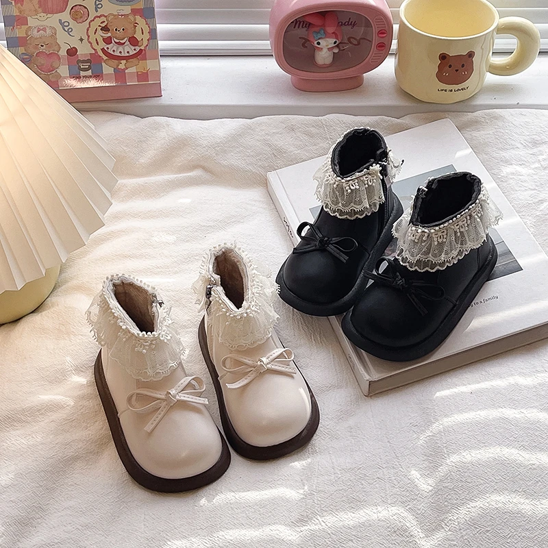 

Kids Ankle Boots Sweet Lace Soft Bottom Cute Girls Leather Boots with Simple BowknotsAutumn Winter Fashion Children Short Boots