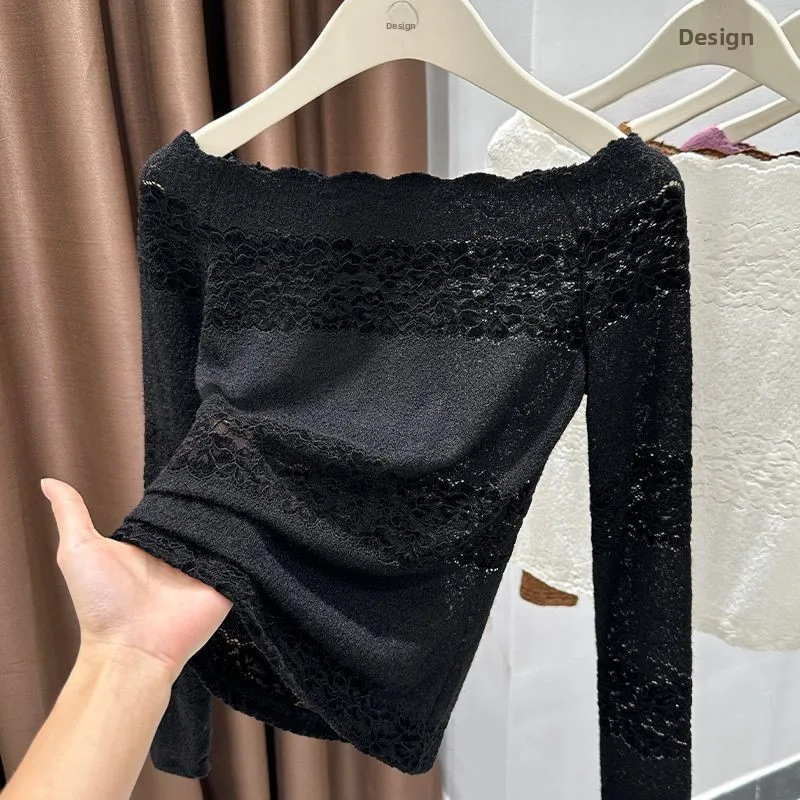Sexy Long Sleeve Base Shirt Women's Mermaid Lace Collar Top Autumn Winter Outerwear Pure Desire Inner Match Women's T-shirt