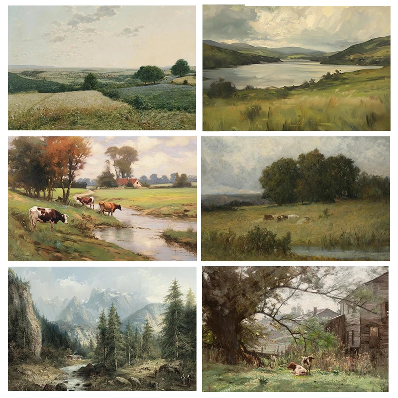 1PC frameless decorative art print,Vintage Rural Farmhouse Grassland Cattle And Sheep Flower Landscape Art Poster Canvas Printin