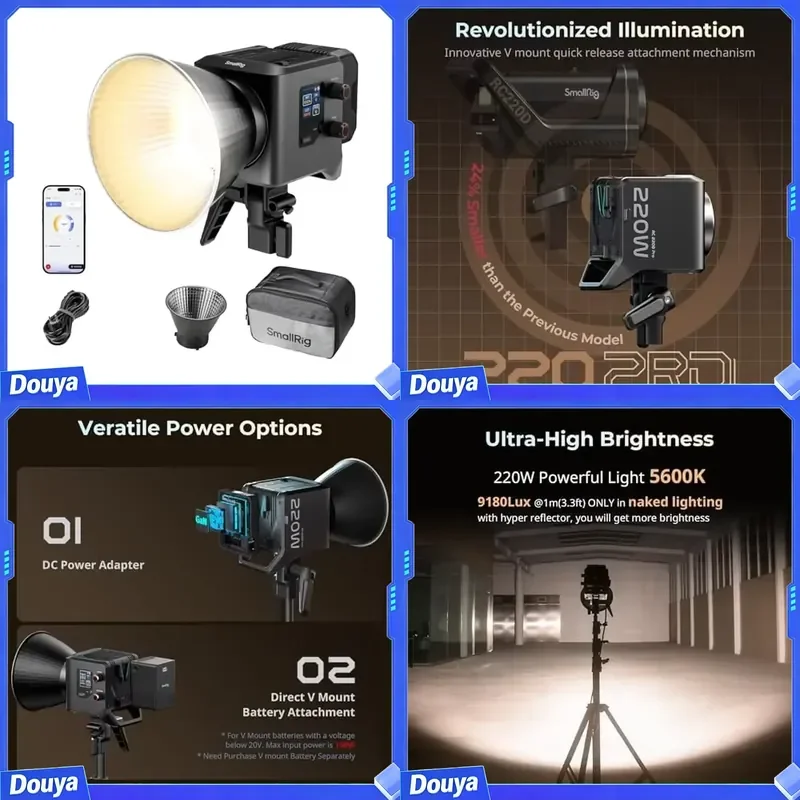 SMALLRIG RC 220B Pro 220W COB Bi-Colour Video Light 2700K-6500K CRI 95+ Bowens Mount 3 Power Supply Methods App Control for
