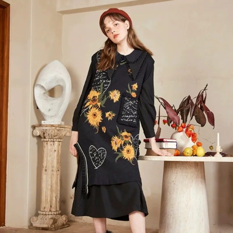 Autumn Winter Vintage Van Gogh Sunflower Sweater Dress Set Long Knitted Vest Peter Pan Collar Dress Suit Women Loose Streetwear