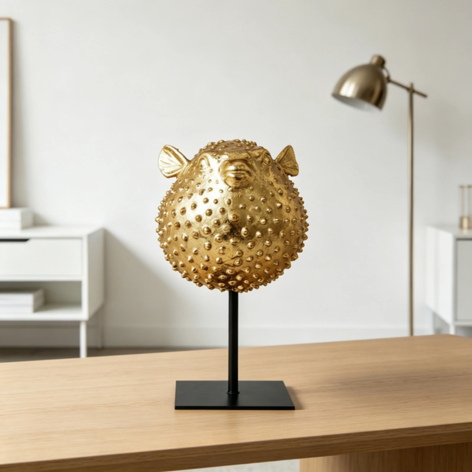 Pufferfish Sculpture with Stand Ocean Pufferfish Figurine Puffer Marine Creature Sculpture Modern Decor Nautical for Homeowners