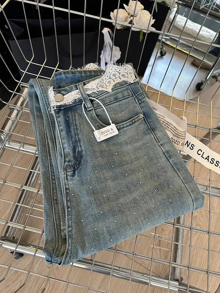 하이웨이스트 스트레이트 레그 다이아몬드 장식 레이스 허리 데님 청바지 여성용 가을 겨울 루즈핏 바닥 길이 바지