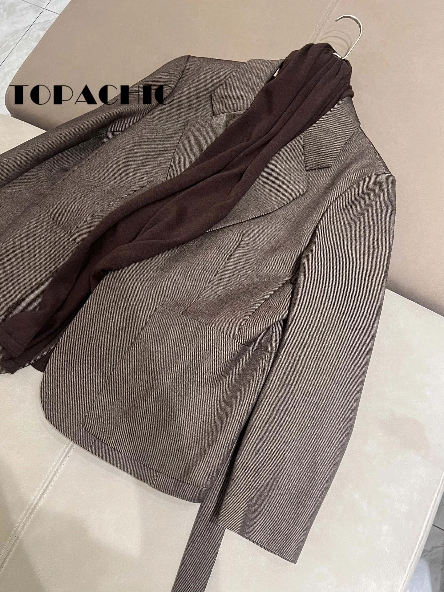 8.23 TOPACHIC-Women High Quality Wool Knit Scarf Decoration Blazer Lapel With Sashes Big Pocket Loose Jacket