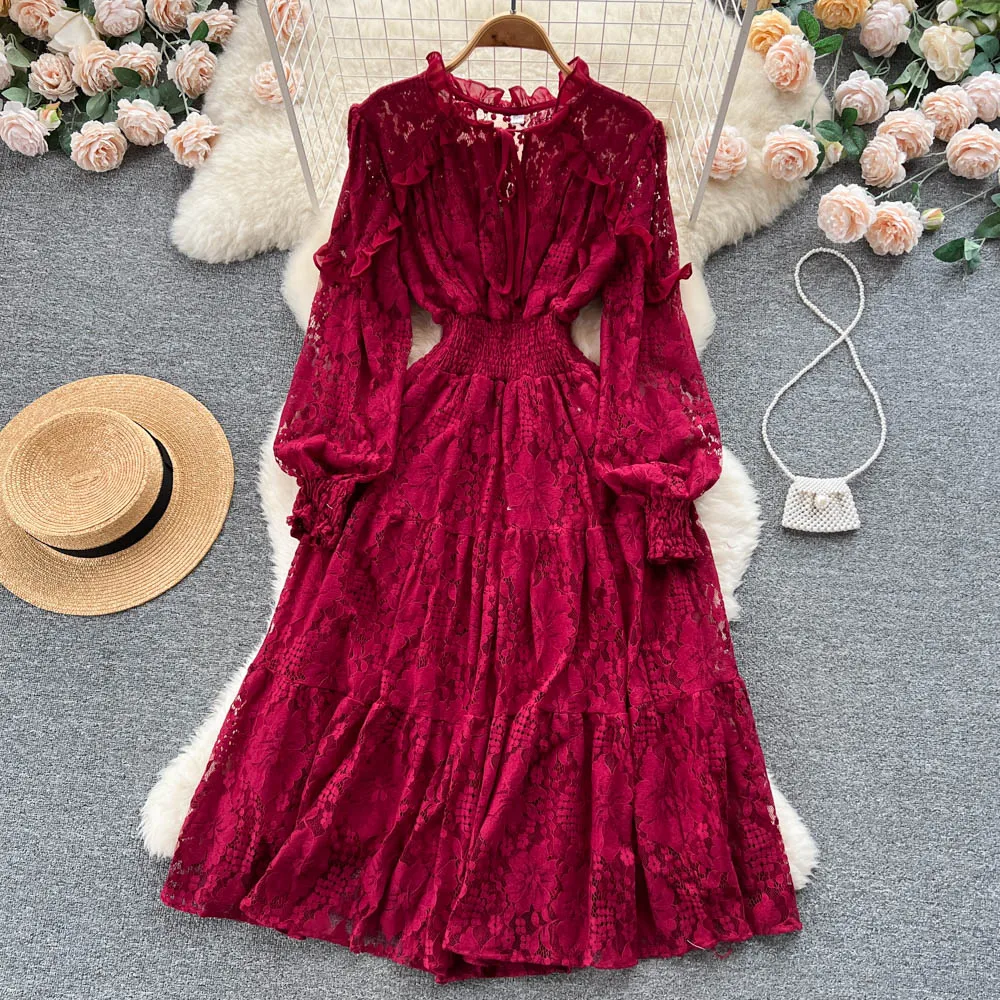 Summer Elegant Midi Dress for Women Hook Flower Hollow Pacthed Shirring Waist Female Vintage Tarf Party Evening See Through New