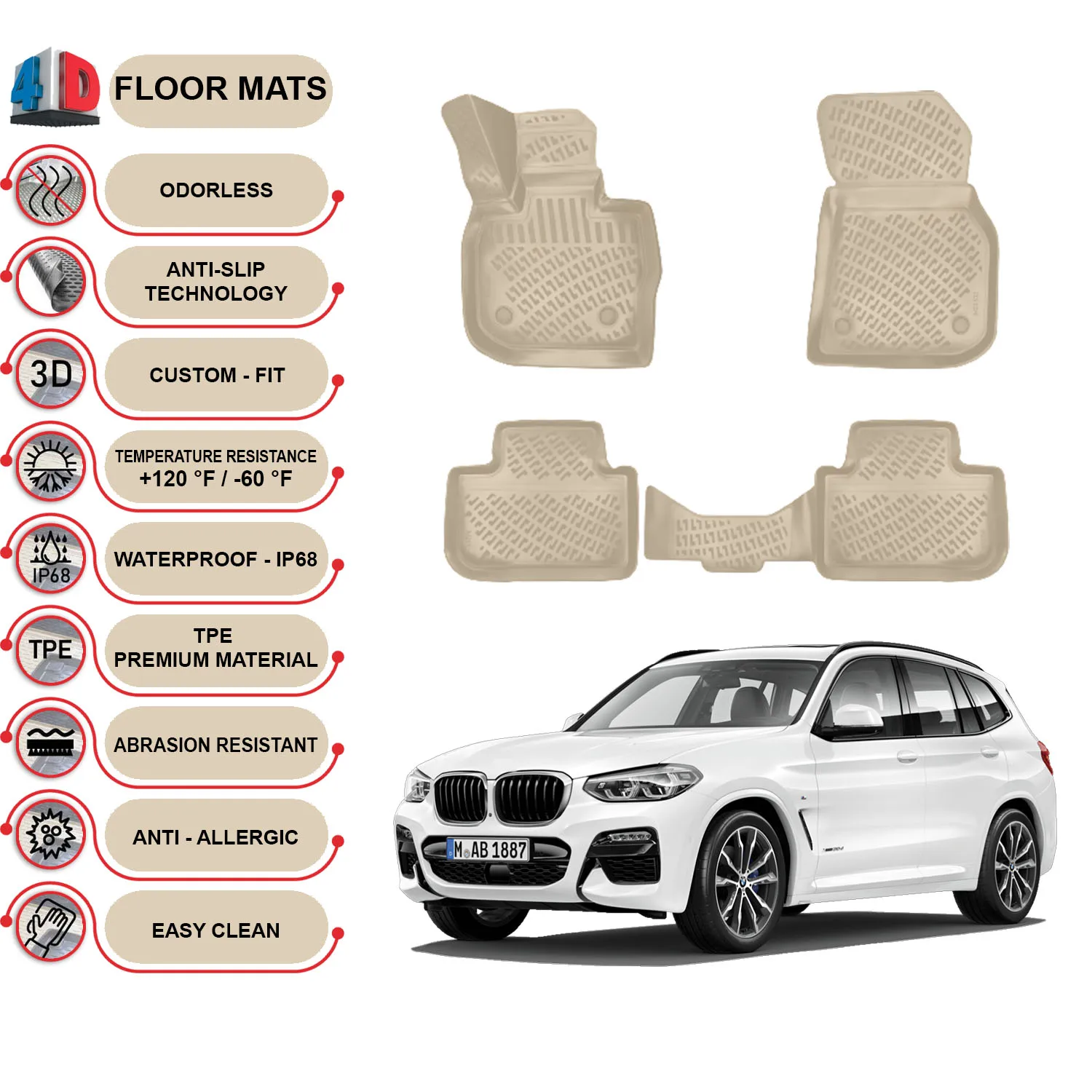 

BMW X4 - (2018-2022) Floor Mats Liner Waterproof 3D - (Beige)