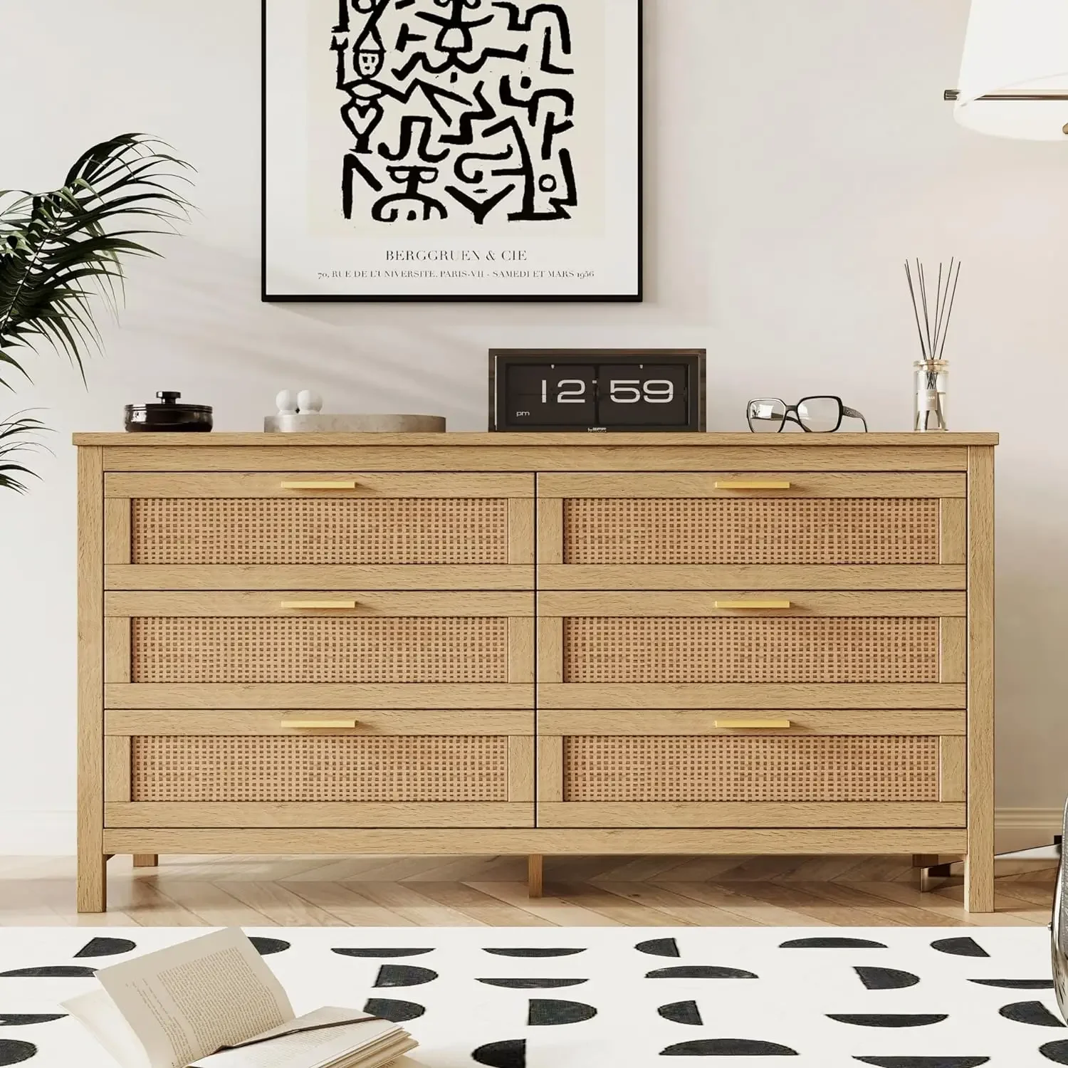 Rattan 6 Drawer Dresser for Bedroom, Wooden Storage Chest of Drawers with Metal Handles,  for Living Room, Entryway, Natural