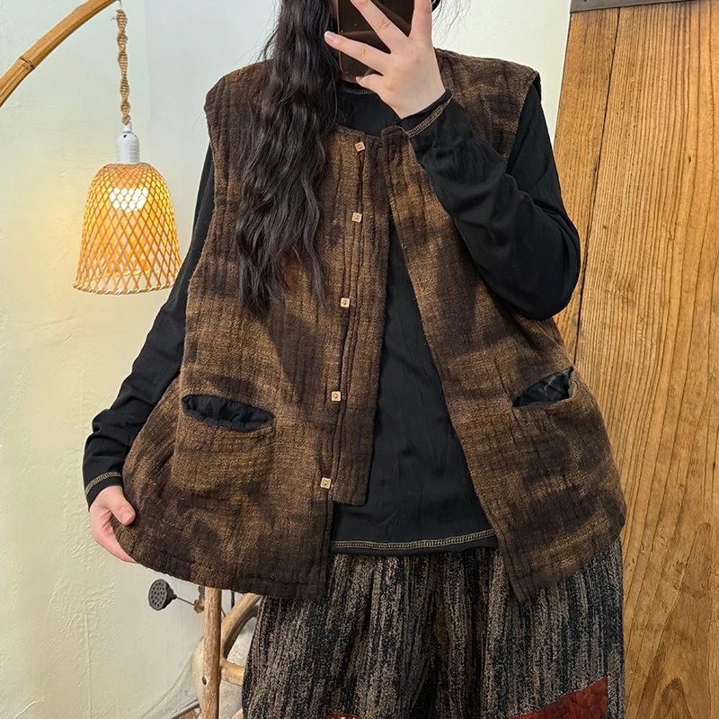

2025 New Arrival Autumn/winter Women Casual Loose Tie Dye Print O-neck Vest All-matched Single Breasted Outerwear & Coats H144
