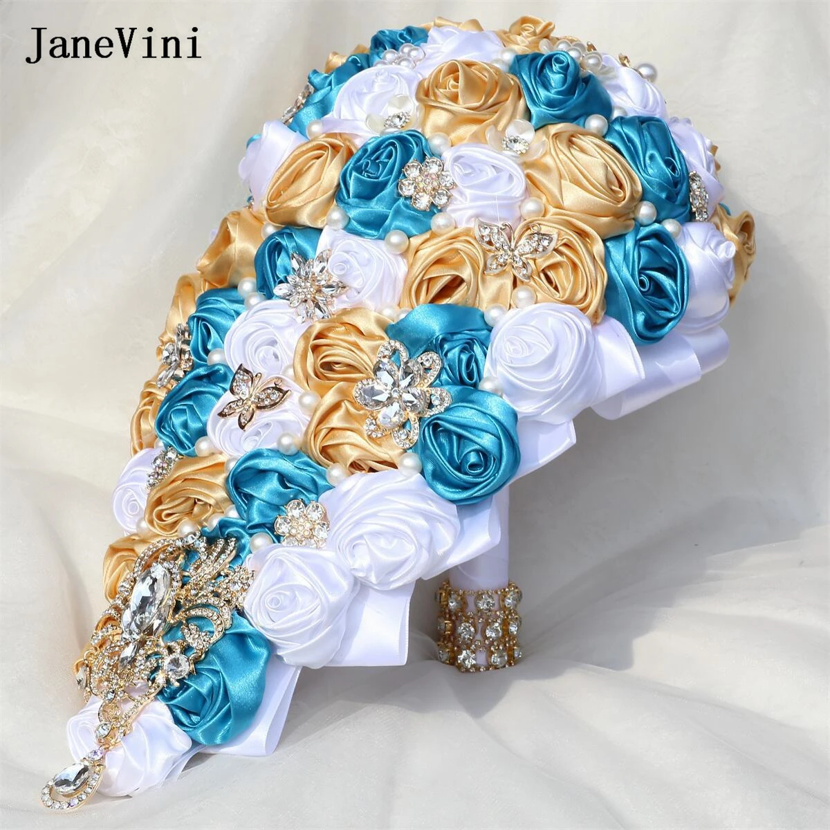 JaneVini Light Blue Cascading Flowers Rhinestone Waterfall Bridal Bouquets Artificial Satin Roses Pearls Wedding Brooch Bouquet