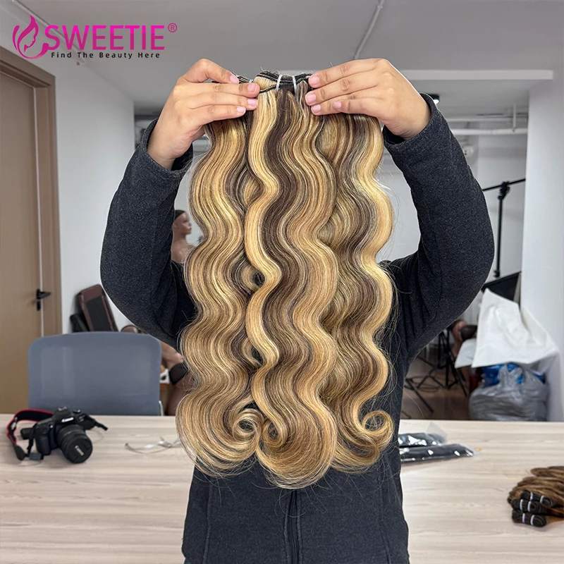 Highlight Body Wave Echthaar-Bündel 100% Brasilianisches Jungfrauenhaar 4/27/613 Honigbraune Farbe Remy-Haarverlängerungen Bündel – Detail 5