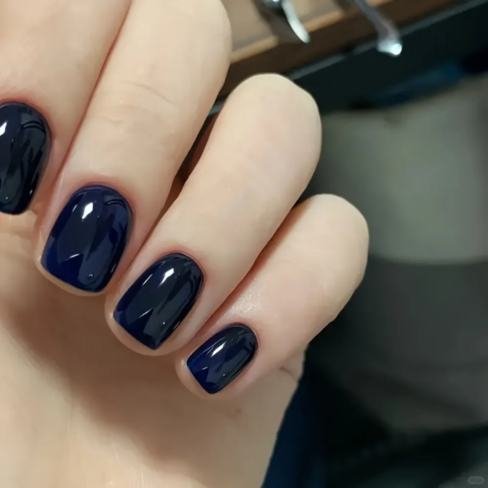 

24Pcs Removable Press On Nails Short Square Round Deep Blue Solid Color False Nails Glossy Wearable Nail Tips for Women