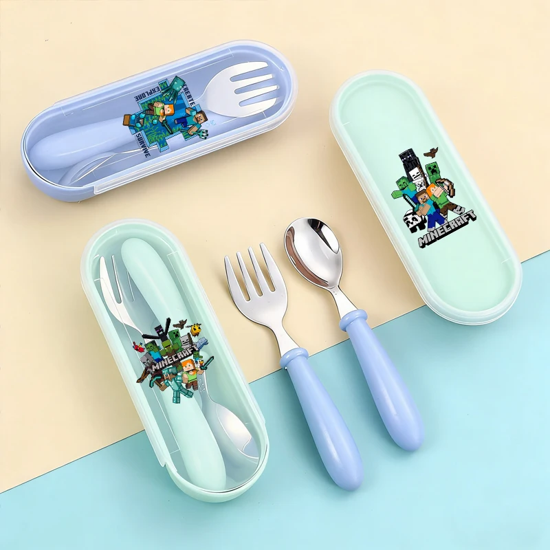 

Pixel Game Children Stainless Steel Fork Spoon 2pcs Set Minecrafted Round Handle Fruit Fork Rice Spoon Baby Portable Tableware