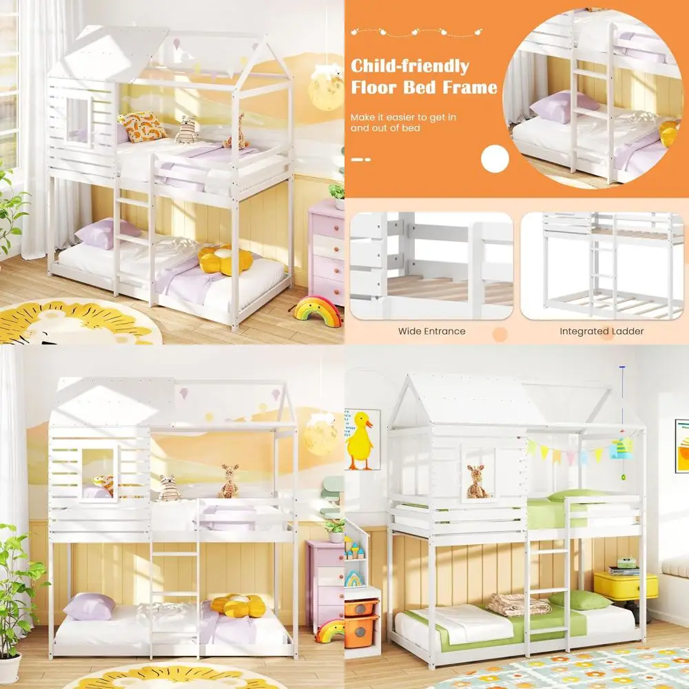 

Twin Over Twin White Wooden Bunk Bed with Ladder, Guardrail, and Wood Slats for Kids, Dorms, and Bedrooms (No Box Spring)