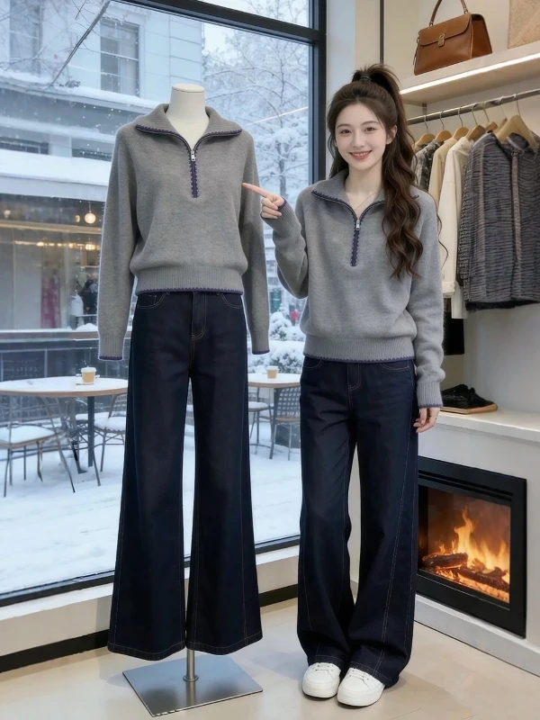 

Женский вязаный свитер больших размеров на молнии, свободного кроя, в стиле колор-блок, весенний, уникальный, красивый, корейский стиль, с длинными рукавами