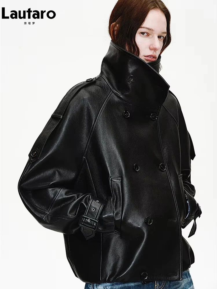 Lautaro Spring Autumn Cool Handsome Oversized Black Pu Leather Jackets for Women Double Breasted Luxury Designer Clothes Fashion