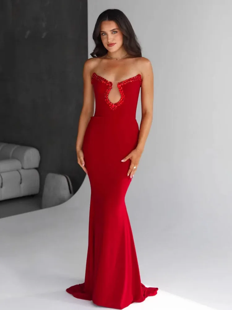 

Women's Long Skirt 2025 Spring Summer Red Diamond Set Bandage Evening Dress Women's Banquet Solid Color Luxury Atmosphere Dress