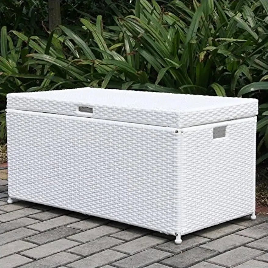 

Wicker Patio Storage Deck Box in White, Can Store Outdoor Gardening Equipment, Grilling Equipment and More