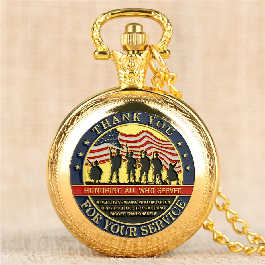 Golden Thank You Design Quartz Pocket Watch with Necklace Pendant World-Time Feature, Analog Display For Women Men Kids