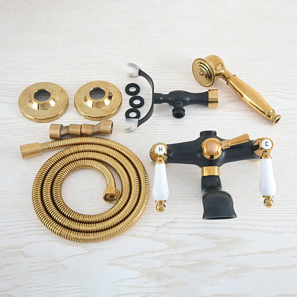 Oil Rubbed & Gold Brass Two Handle Wall Mounted Bathroom Bath Tub Faucet Set with 150CM Hand Held Shower Spray Mixer Tap 2na420