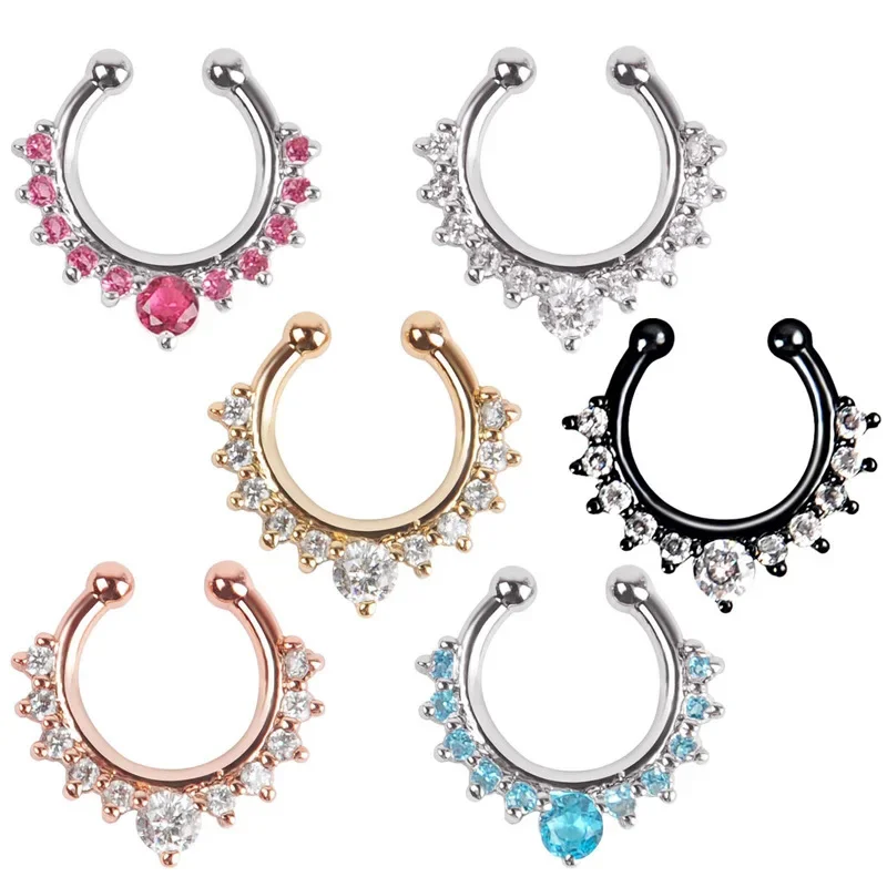 1/4PCS Alloy Nose Ring Crystal Septum Piercing Ring Gold Silver Plated Circular Diaphragm Perforation Bulk Faux Body Jewelry Lot