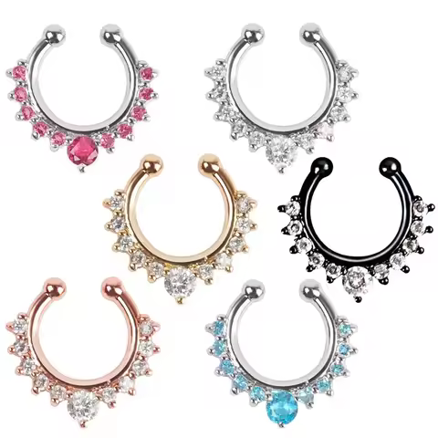 4PCS Alloy Nose Ring Crystal Septum Piercing Ring Gold Silver Plated Circular Diaphragm Perforation Bulk Faux Body Jewelry Lot