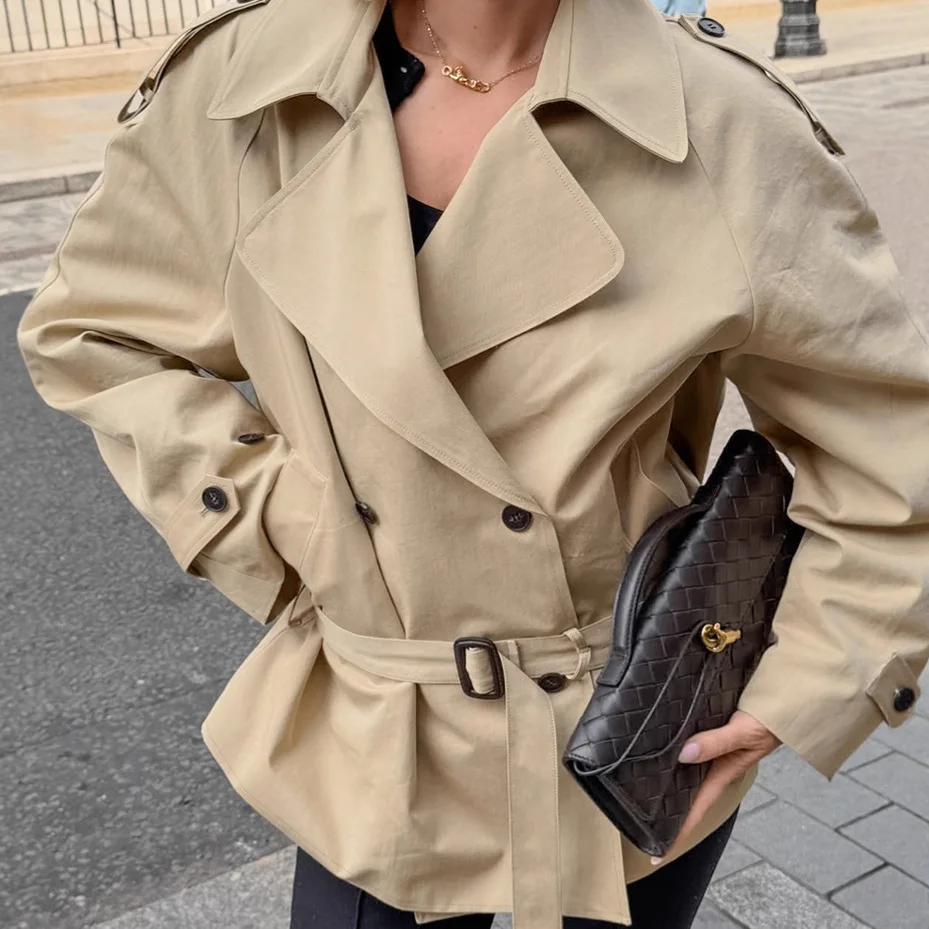 2025 herbst Herbst Spitze-up Graben Mantel Frauen Mode Revers Langarm Breite Schulter Windjacke Pendeln Jacken Weibliche outwear